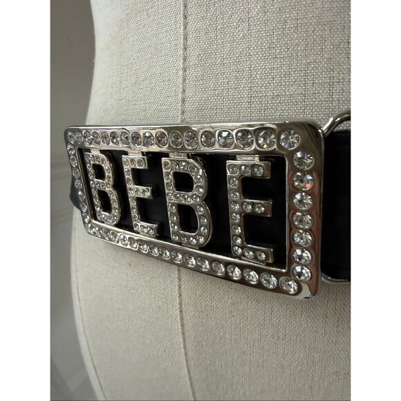 Vintage Y2K Bebe Black Leather Rhinestone Bling Silver Logo Low Rise Belt S M main image 8